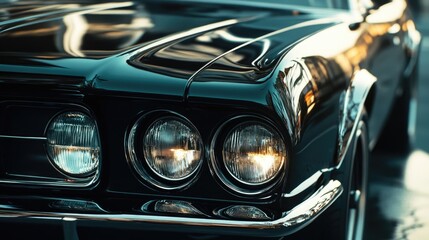 Close-up of car headlights on a dark street at night