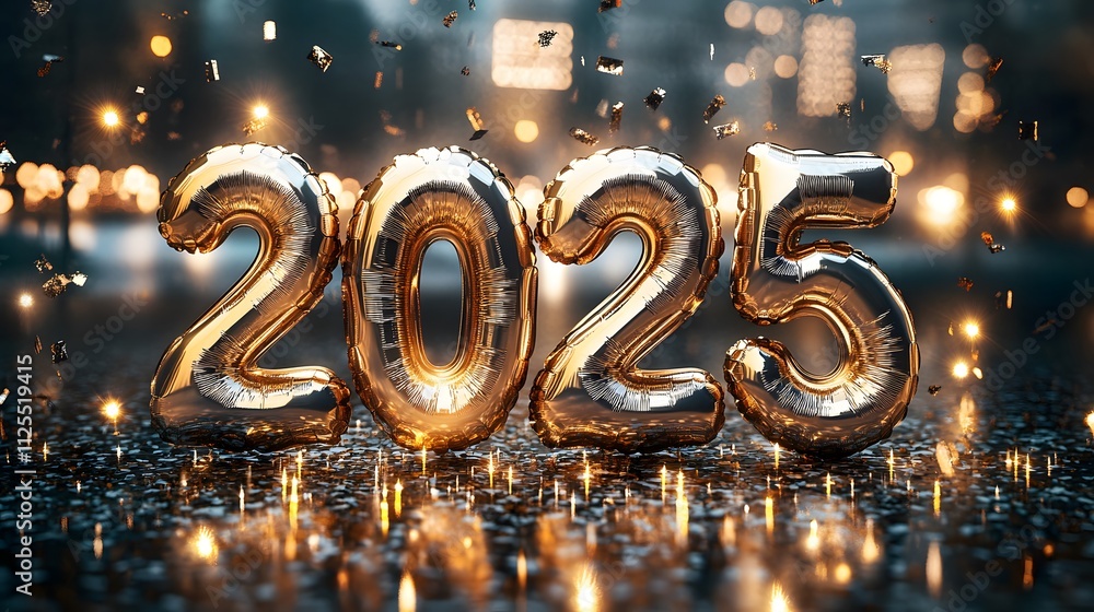 Poster golden balloon forming 2025 on a reflective surface with glowing light and sparkling confetti creati