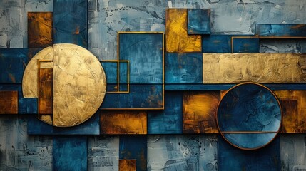 Abstract geometric art with blue, gold, and textured shapes.