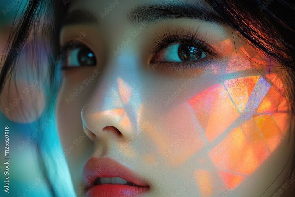 Poster Close-up portrait of a woman's face illuminated by soft light, suitable for use in editorial or personal projects