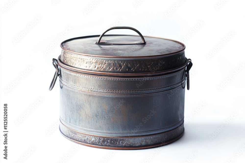 Poster a metal container with a handle on a white surface, suitable for use in kitchen or storage