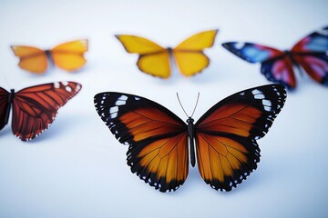 Fototapeta premium Close-up of a variety of colorful butterflies arranged on a white background