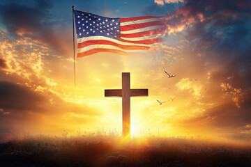 American Flag with Christian Cross at Sunset