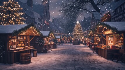 Snowy Christmas market street at night with wooden stalls, twinkling lights, and falling snow.