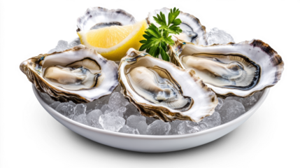 Fresh oysters with lemon and herbs on ice