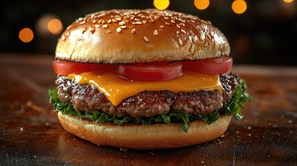 A juicy hamburger with melted cheese, fresh tomato, and crisp lettuce on a bun