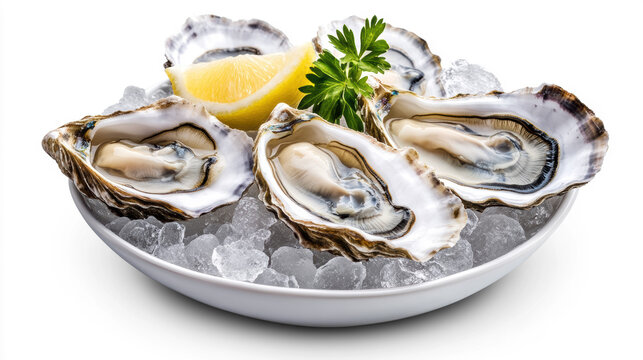 Fresh oysters with lemon and herbs on ice