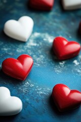 Obraz premium A collection of red and white hearts arranged on a blue surface