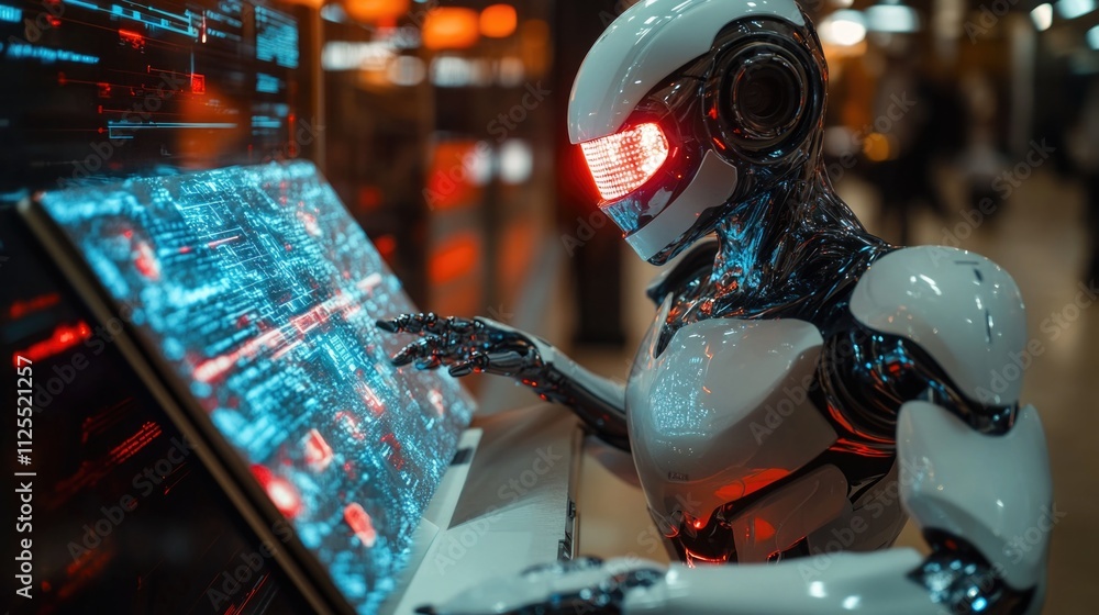 Poster a robot using a laptop, great for tech or futuristic scenes