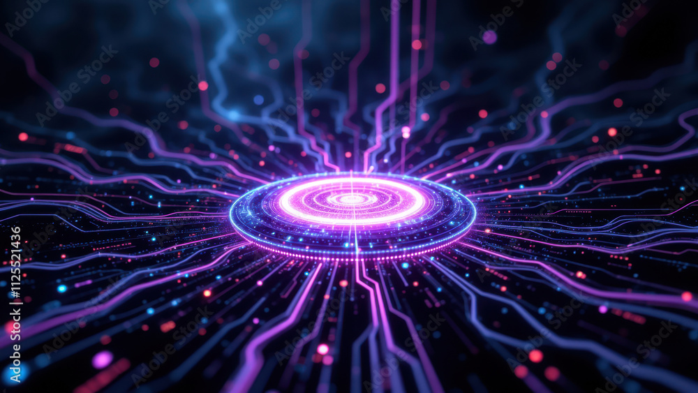 Poster high-tech digital background with futuristic grid and glowing orb centerpiece.