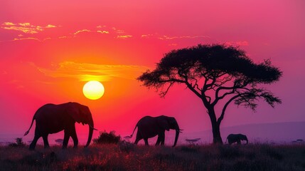 Fototapeta premium African elephants silhouetted against a vibrant sunset, with an acacia tree in the background.
