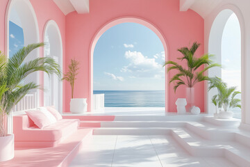 Beautiful lovely house in white, pink and pastels color greek style with garden and sea view