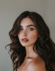 Fototapeta premium A large portrait of a young European woman with brown eyes and loose wavy hair. Portrait in a close-up beauty studio with natural makeup, looking directly into the camera on a light background