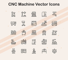 A set of CNC machine icons representing various equipment and tools used in automated manufacturing and machining processes.