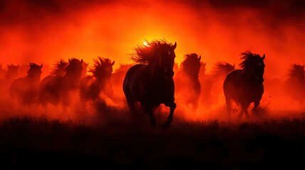 Galloping wild horses silhouetted against a blazing red-orange sky, captured in a dramatic and fiery landscape, evoking freedom, power, and the untamed beauty of nature.