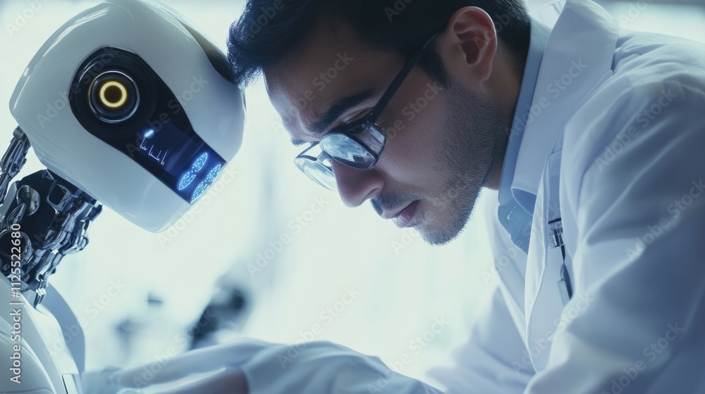 Poster A scientist in a lab coat examines a robot, potential use in technology or science illustrations