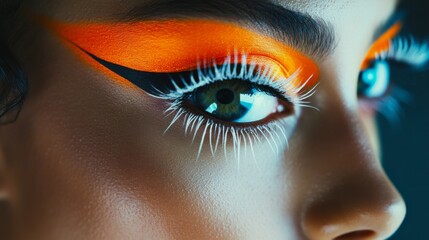 A close-up shot of an eye featuring striking orange and white makeup with defined black lines, highlighting an avant-garde approach to cosmetic artistry and style.