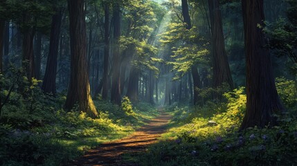 Obraz premium Sunbeams illuminate a path through a lush, mystical forest.