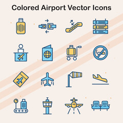 Vibrant icons representing various airport elements  including travel facilities and aviation services.