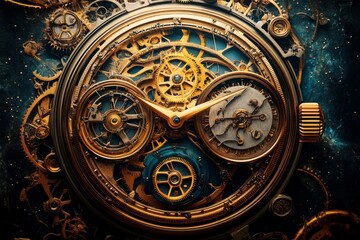 A masterpiece of steampunk design, this clock features intricate interlocking golden gears and detailed dials, capturing the essence of Victorian-era mechanical art.