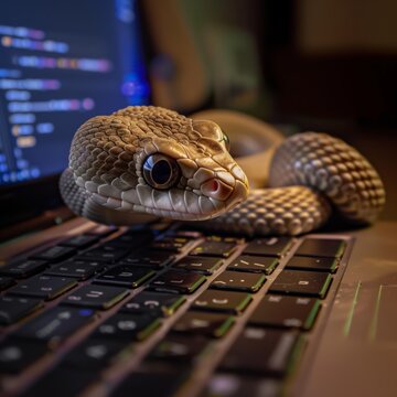 Snake resting on a laptop keyboard with coding software in the background, python programming language
