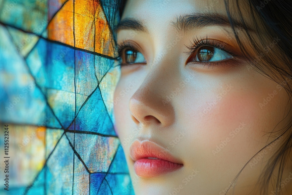 Poster a close-up view of a woman's face in front of a beautiful stained glass window