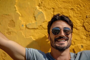 A person wearing sunglasses and a mustache stands in front of a bright yellow wall