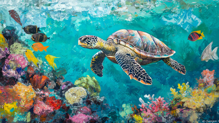 Obraz premium Colorful underwater scene with sea turtle and coral reef