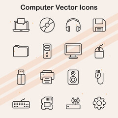 A set of computer-themed icons featuring essential devices  hardware  and software elements.