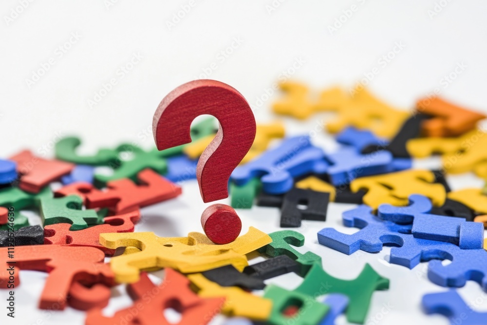 Poster a collection of puzzle pieces with a question mark symbol