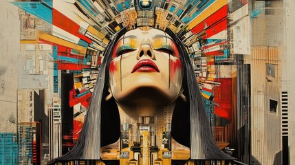 An abstract digital artwork depicting a woman with a conspicuous geometric headdress, using vivid colors and modern design to convey cultural diversity and expression.
