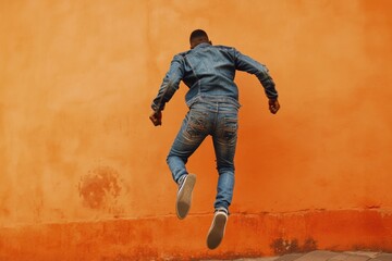 A person jumping and stretching towards an orange-colored wall, great for action or sport-themed images