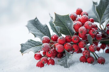 A cluster of berries photographed in a snowy setting, great for winter or seasonal designs