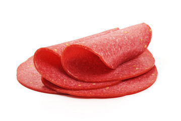 Smoked salami slices, isolated on white background.