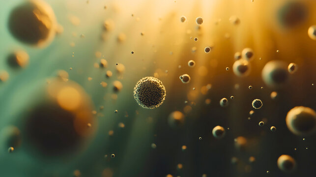 Circular-shaped microparticles visible under a microscope, illuminated by light. Small microparticles that are in motion.