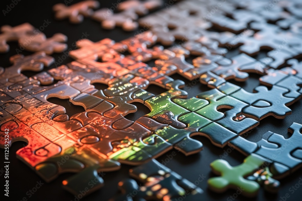 Poster a close-up shot of a single puzzle piece on a table, perfect for illustrating problem-solving or int