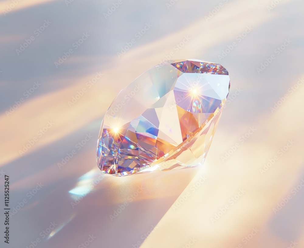 Poster a stunning close-up view of a brilliant cut diamond placed on a reflective surface with soft light g