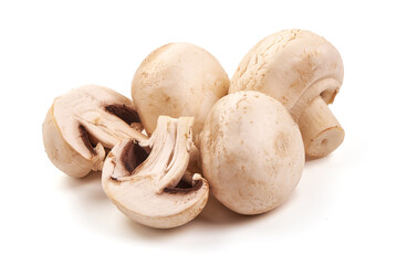 White champignons mushrooms, isolated on white background.