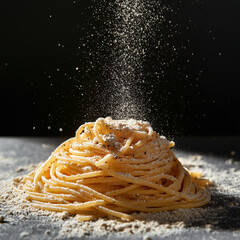 Freshly Kneaded Pasta Dough Ball on a Wooden Surface With Flour Surrounding It.
