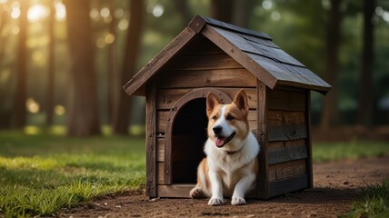Adorable corgi dog inside a wooden dog house in a park at sunset.