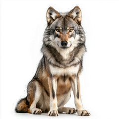 Fototapeta premium Pet Wolf Sitting Calmly on a White Background Looking Directly at the Viewer 