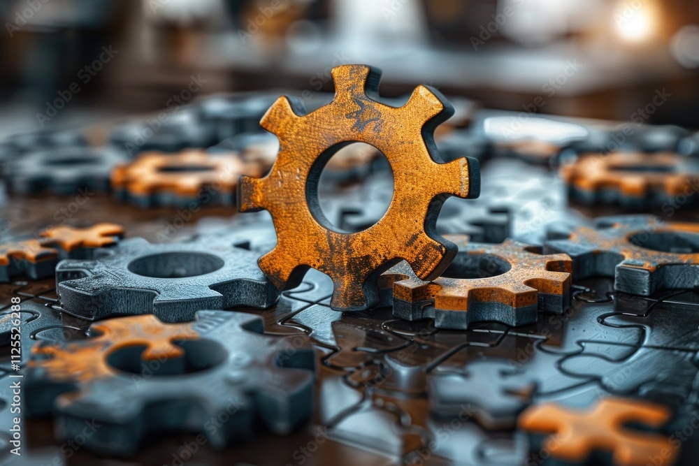 Poster a detailed view of a single puzzle piece on a wooden table, perfect for highlighting small elements 