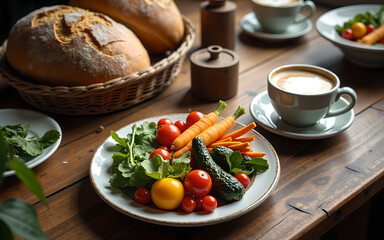 Rustic Breakfast Setting with Fresh Vegetables, Artisan Bread, and Steaming Coffee