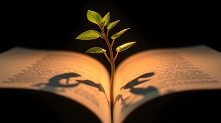 a plant growing from an opened book, concept of knowledge and growth