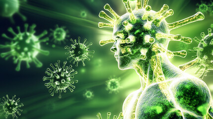 scientific graphic of body surrounded by viruses
