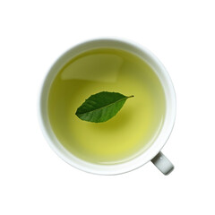 PNG of A serene cup of green tea featuring a fresh leaf on top, symbolizing calmness and relaxation on transparent background