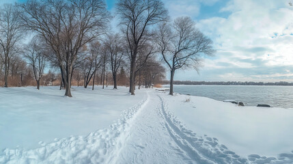 Snowy path in winter park by frozen lake under clear blue sky