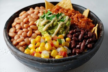 A bowl filled with beans, corn, guacamole, and tortilla chips for a tasty snack