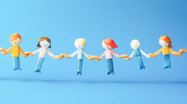 Colorful origami paper chain of diverse figures against blue background