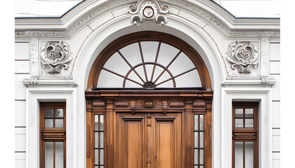 Beautiful old-fashioned wooden door and transom window isolated on white